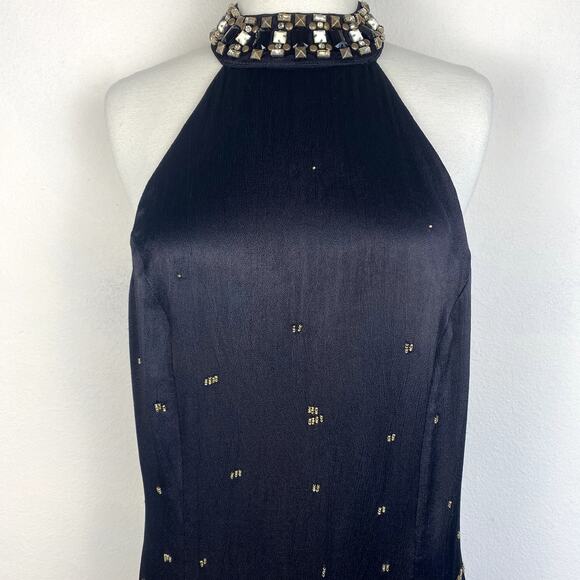 Anthropologie Beaded Halter Dress Black Flapper Gold Sequin Fringe Gatsby Party - Picture 8 of 12